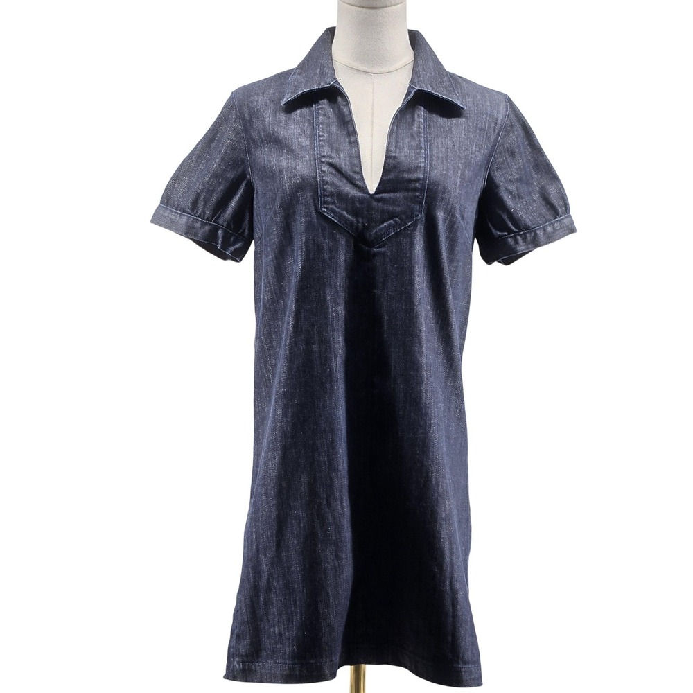 7 For All Mankind Dress Womens S Blue Short V-Neck Roll Tab Sleeve Denim Stretch